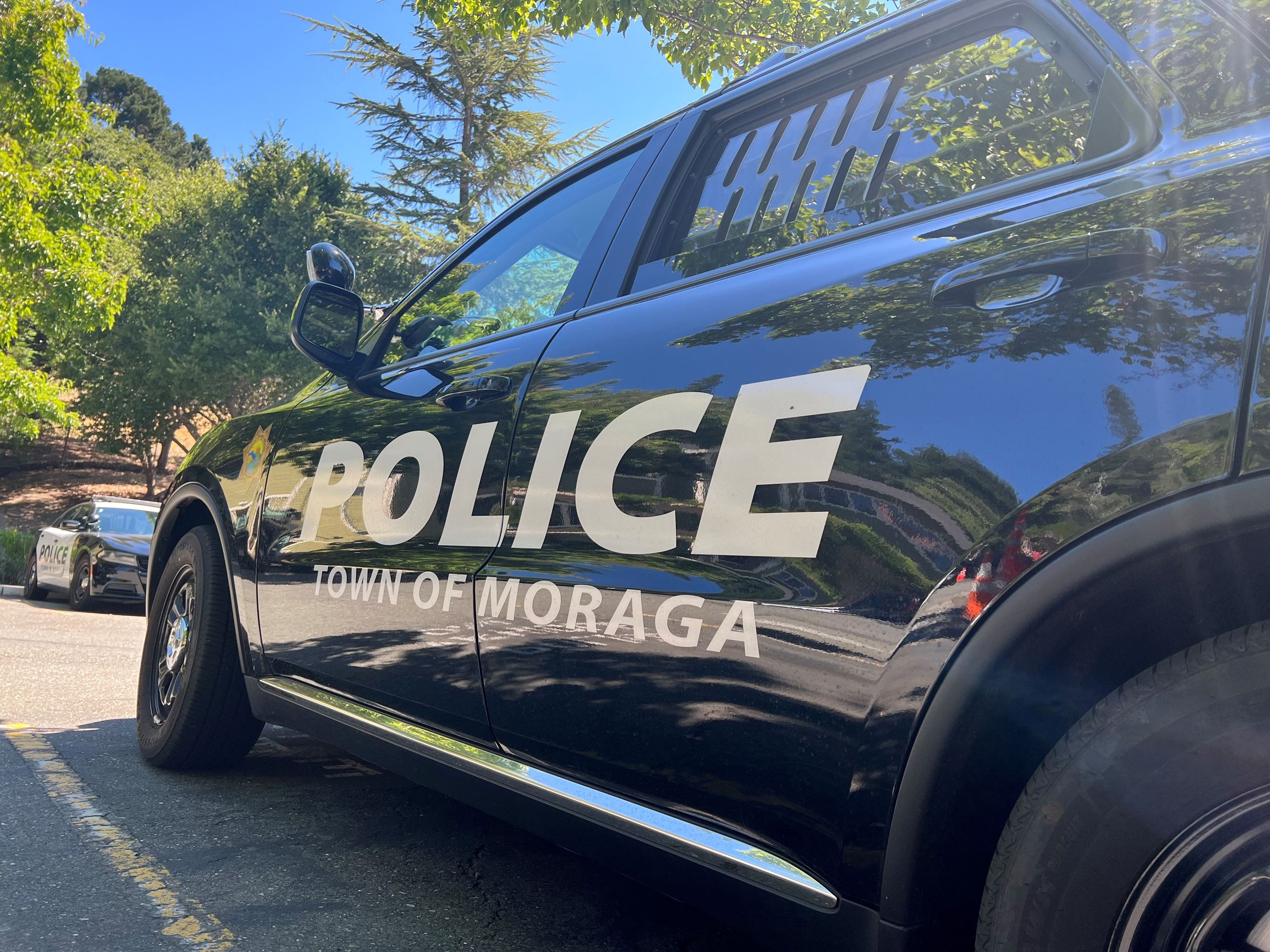 Side view of police Durango. 